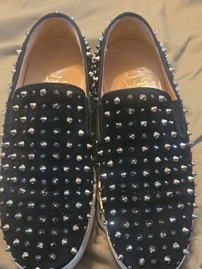 Christian Louboutin Black Suede Studded Slip-On Loafers